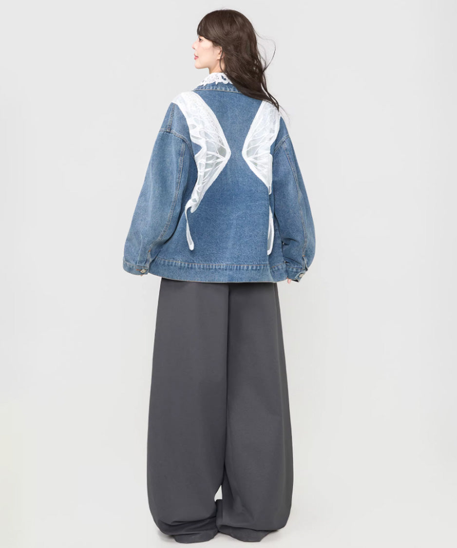 Lace Collar Butterfly Denim Jacket