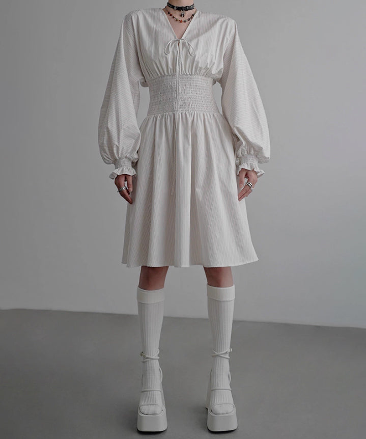 Pinstripe Puff Sleeve Dress