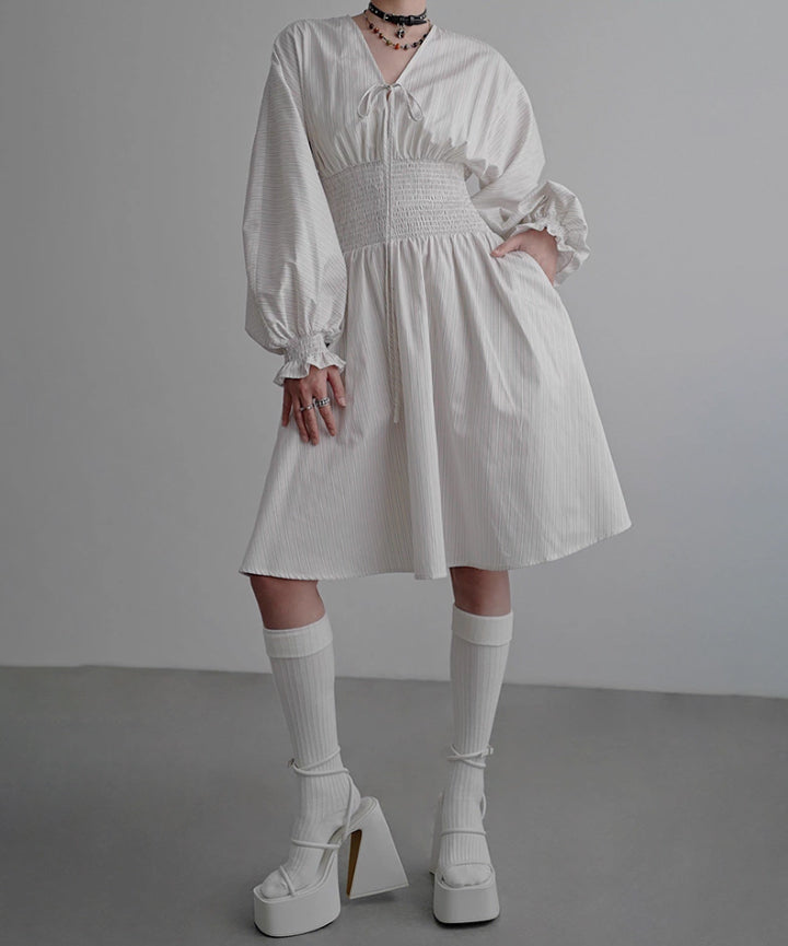 Pinstripe Puff Sleeve Dress