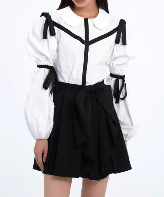 Ribbon Trim Puff Sleeve Blouse