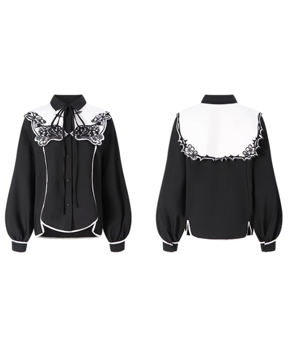 Deer Embroidery Collar Blouse