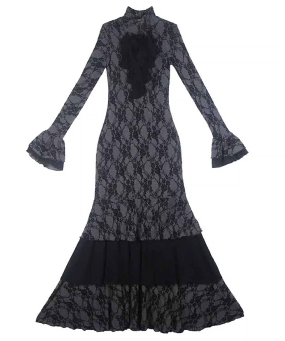 Lace Veil Ruffle Maxi Dress