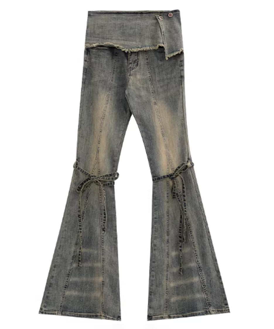 Wrap Layer Lace-Up Flare Denim Pants