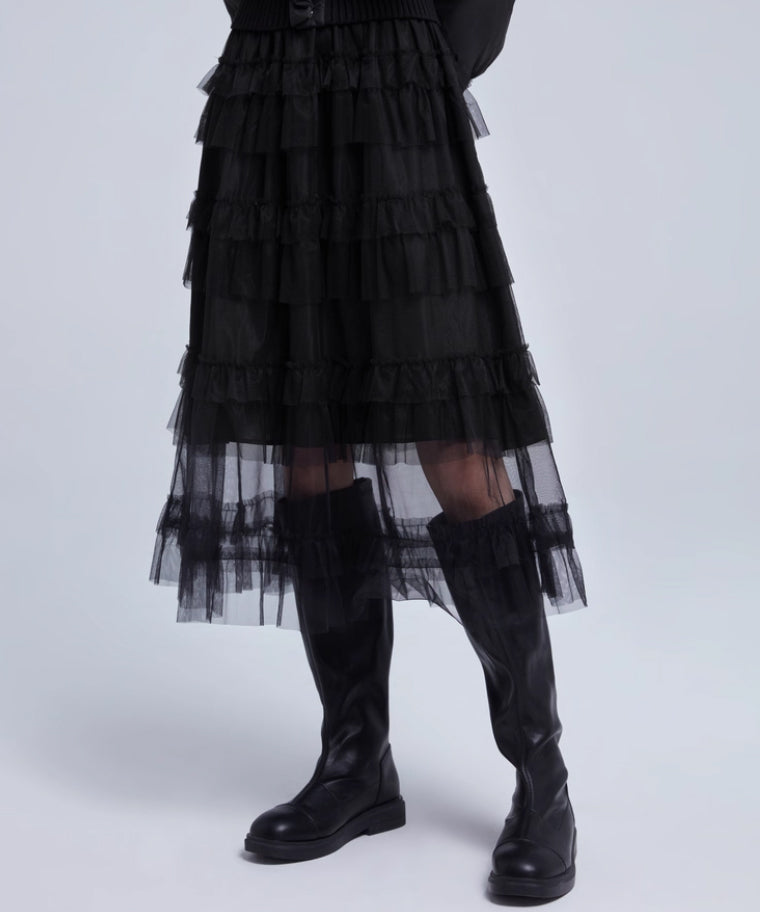 Tiered Mesh Midi Skirt