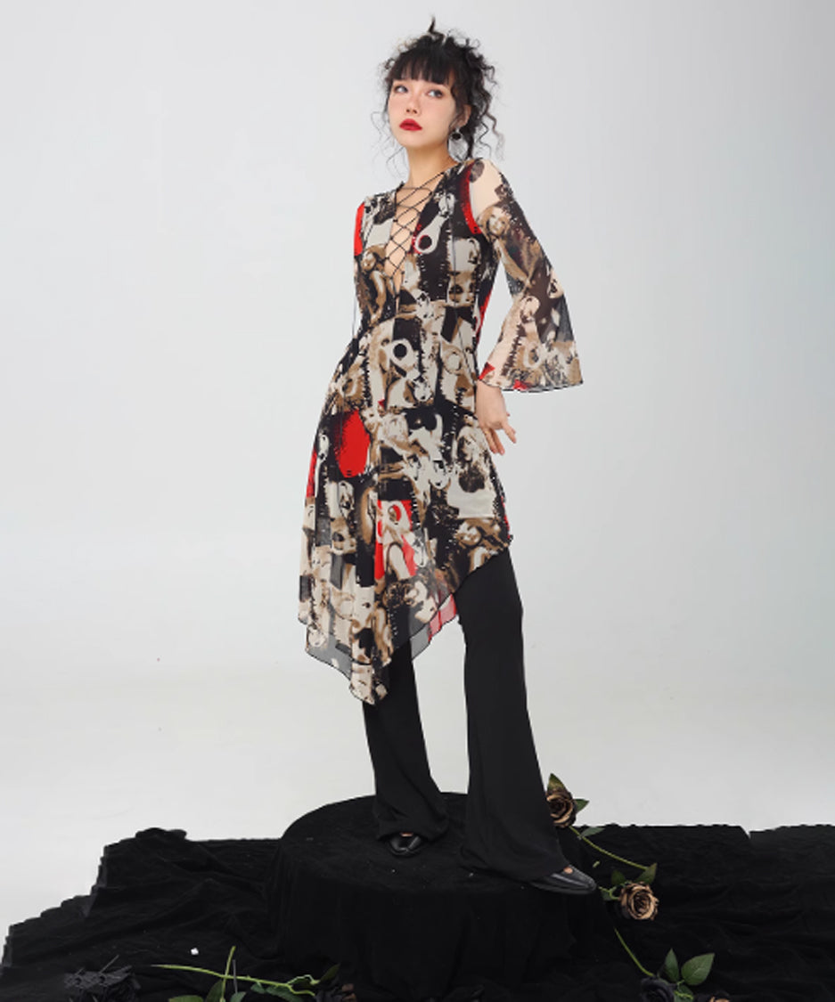 Photo Print Lace-up Dress