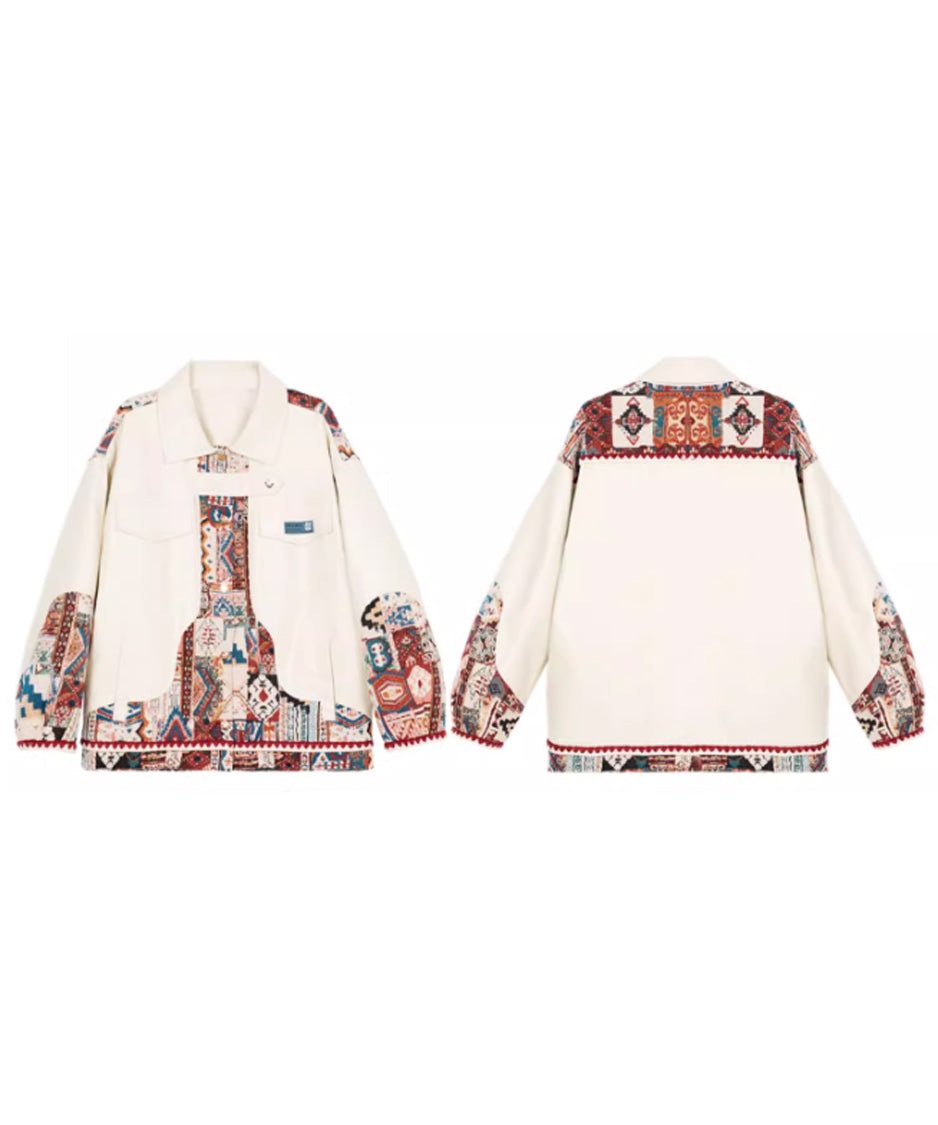 Jacquard Splicing Faux Leather Jacket