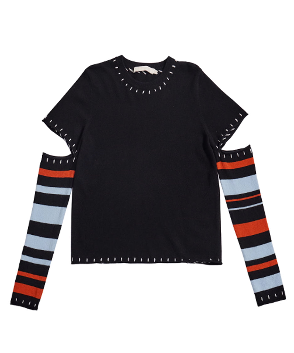 Striped Cut-out Sleeve Sweater