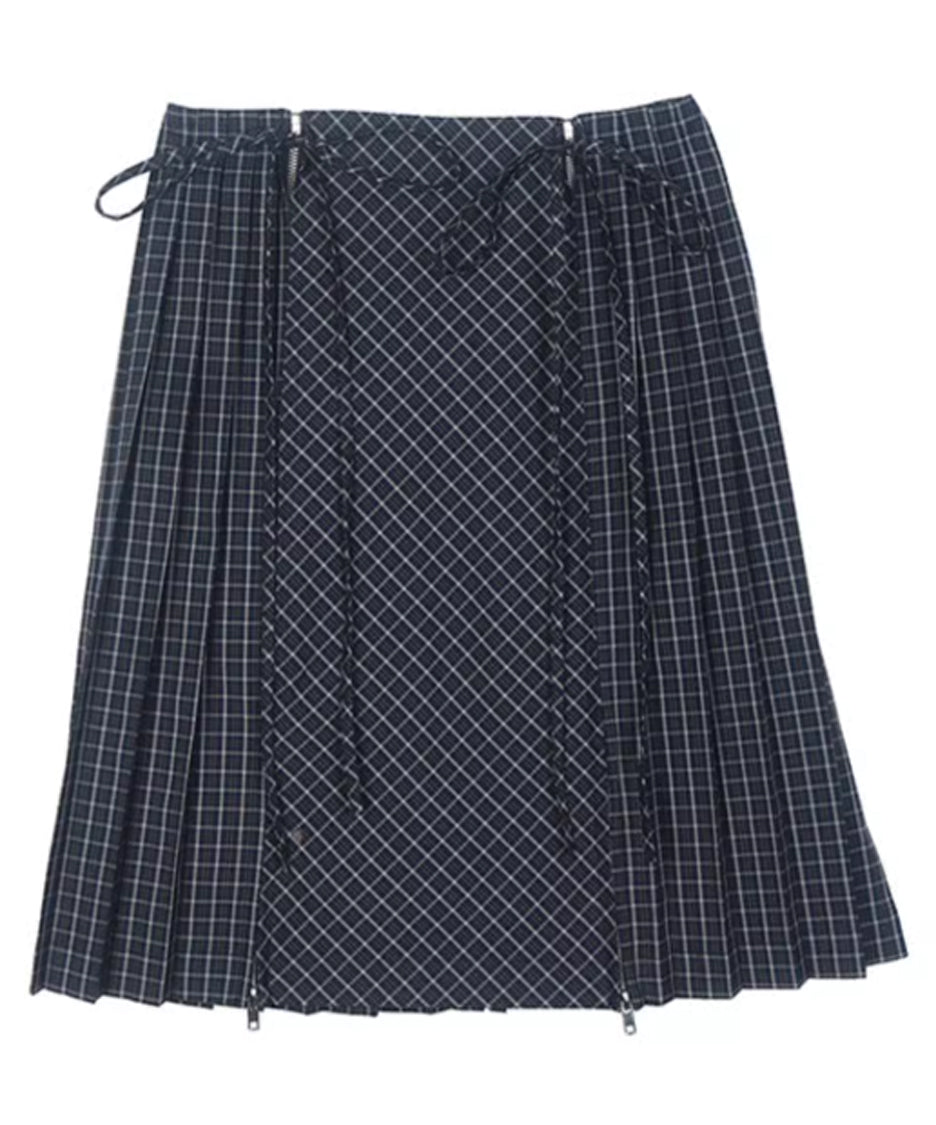 Double Zipper Plaid Pleated Skirt