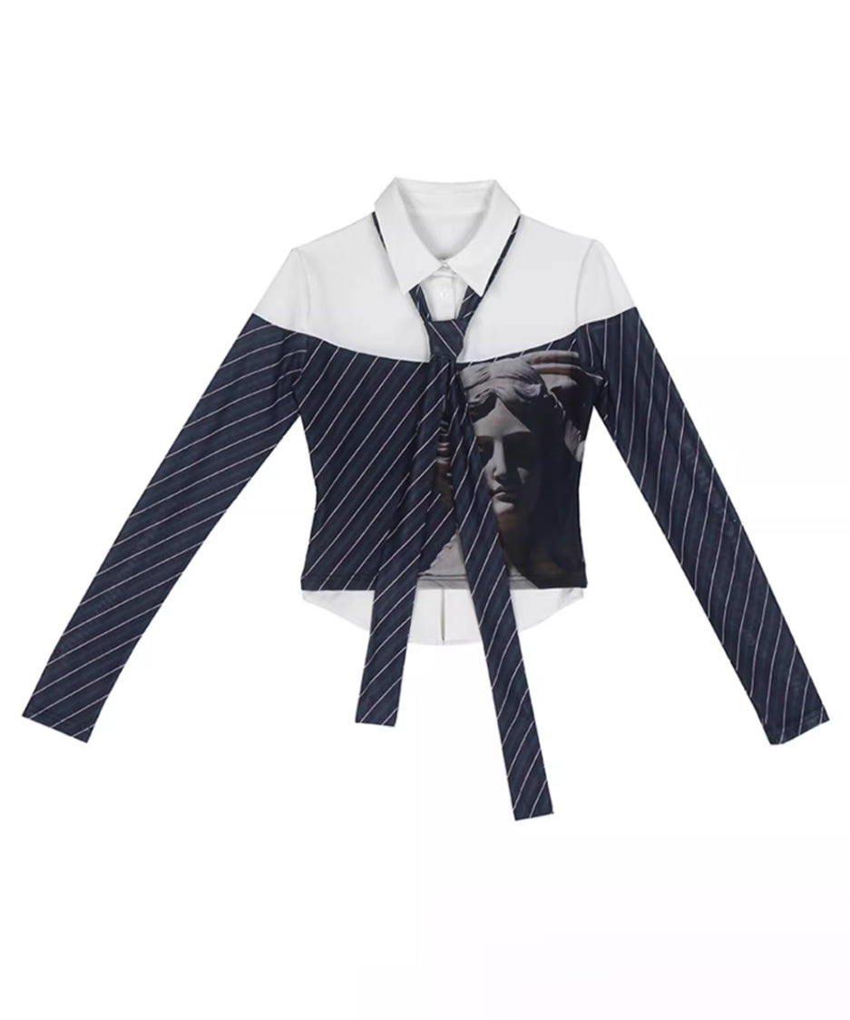 Diagonal Striped Tie Blouse