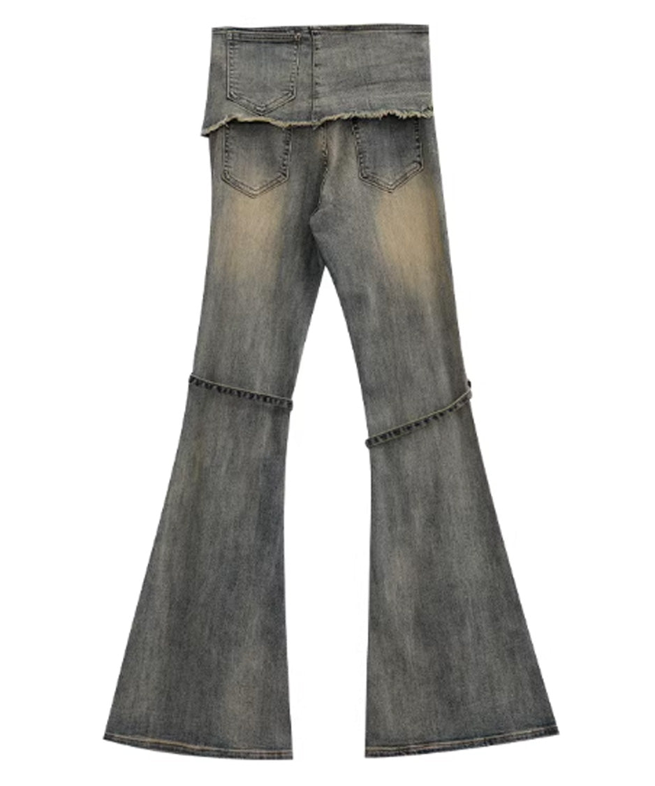 Wrap Layer Lace-Up Flare Denim Pants