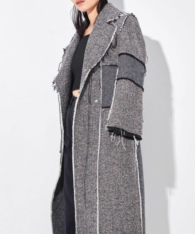 Raw Edge Paneled Long Coat
