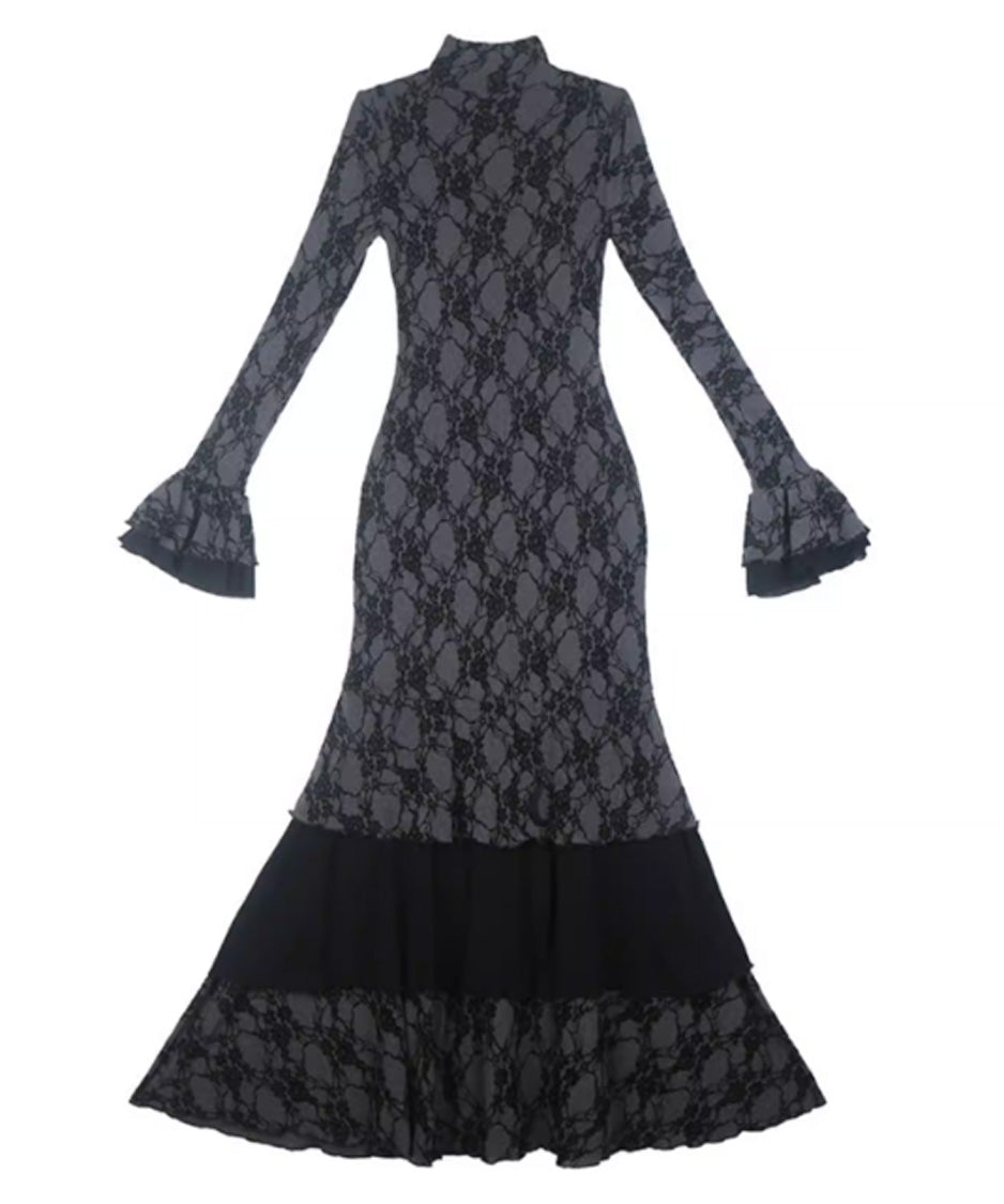 Lace Veil Ruffle Maxi Dress