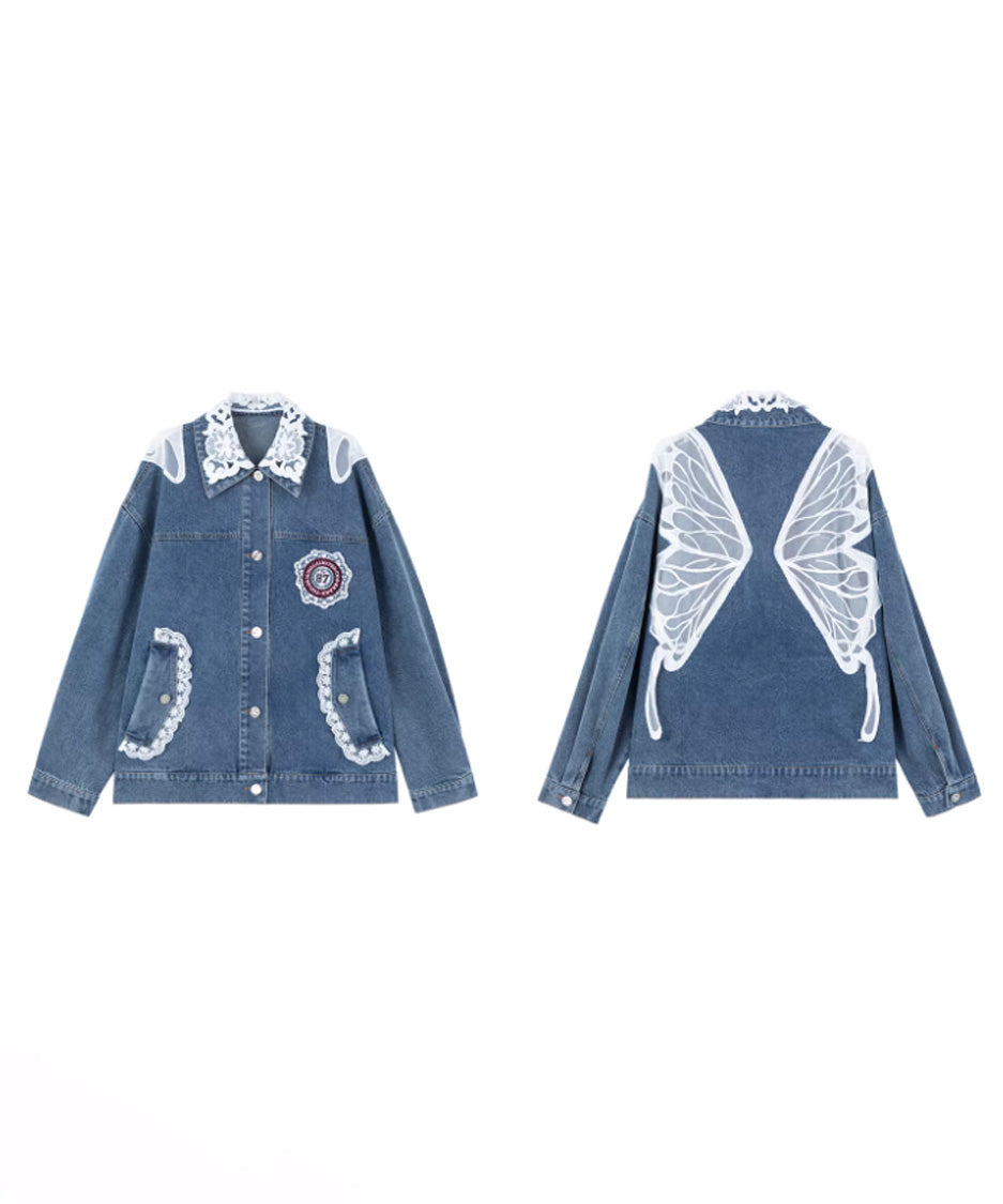 Lace Collar Butterfly Denim Jacket