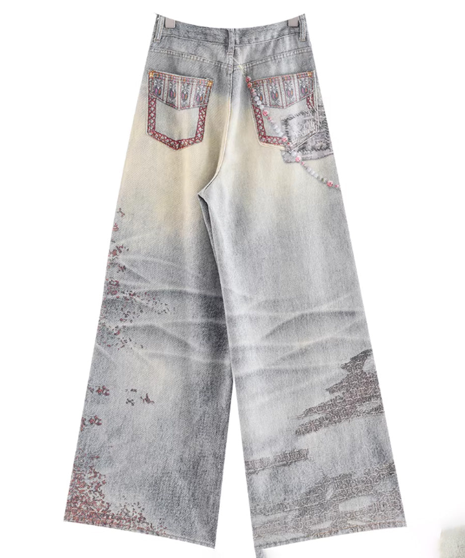 Ornament Washed Wide Denim Pants