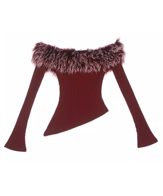 Feather Trim Offshoulder Knit Top