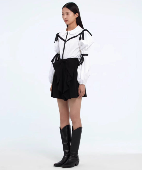 Ribbon Trim Puff Sleeve Blouse