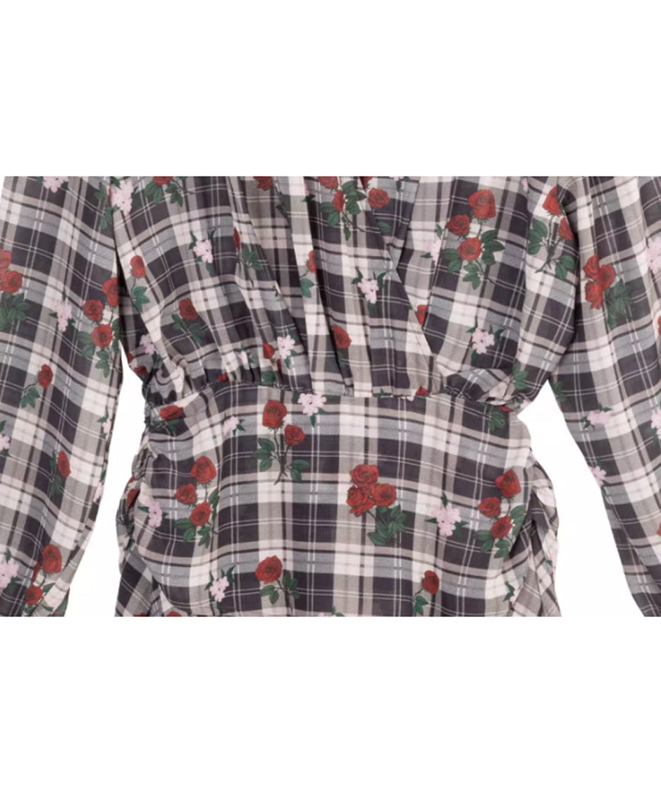 V-neck Flower Check Dress