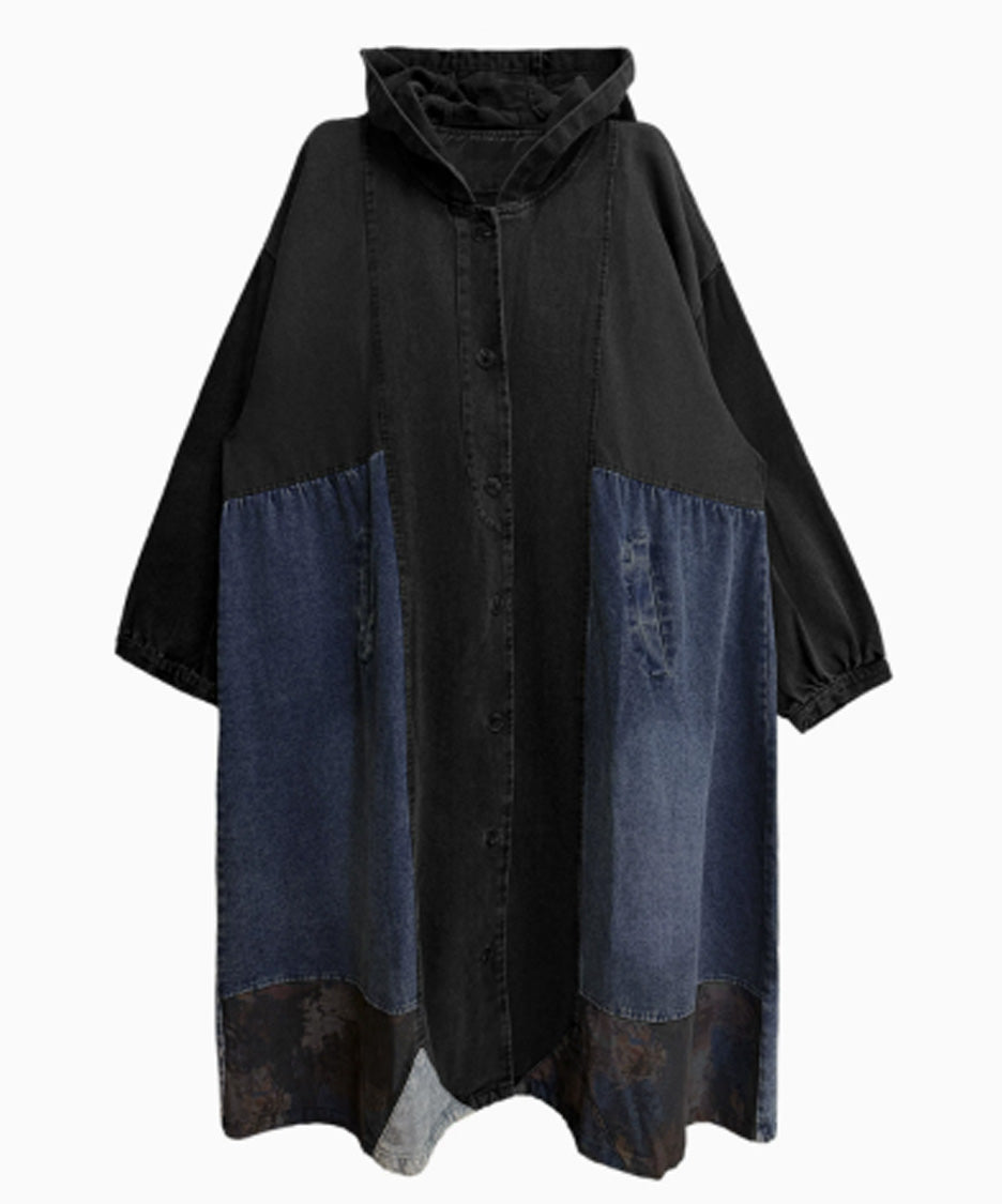 Patchwork Hooded Denim Coat