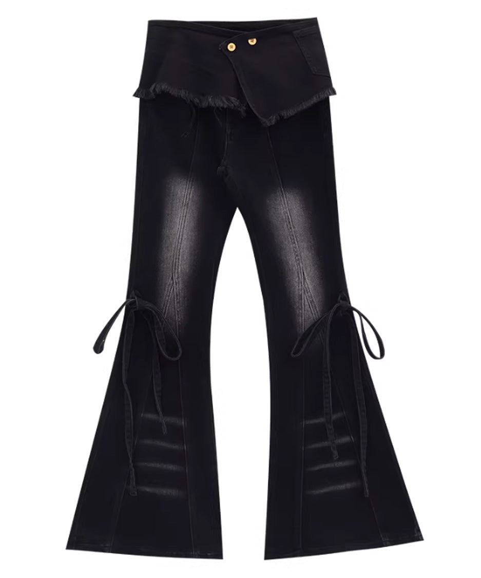 Wrap Layer Lace-Up Flare Denim Pants