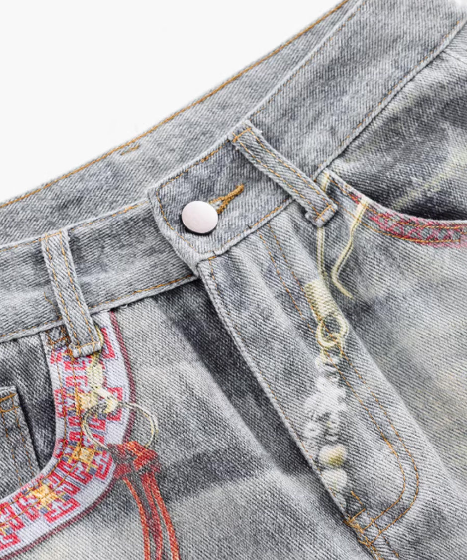 Ornament Washed Wide Denim Pants
