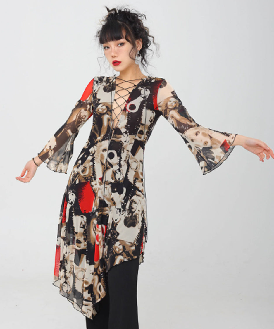 Photo Print Lace-up Dress