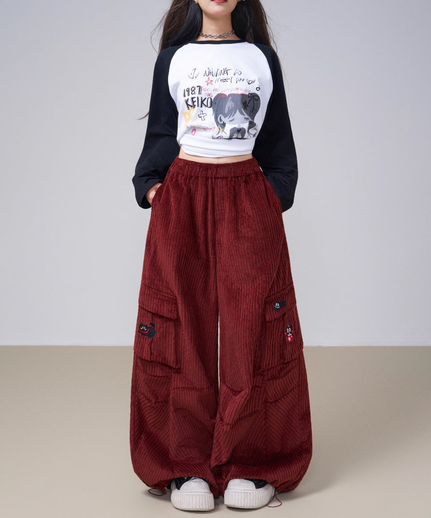 Corduroy Cat Embroidery Cargo Pants