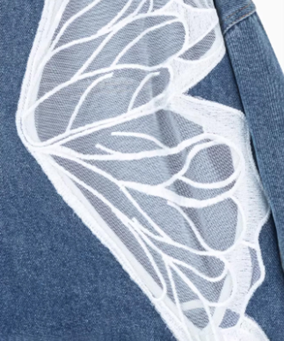 Lace Collar Butterfly Denim Jacket