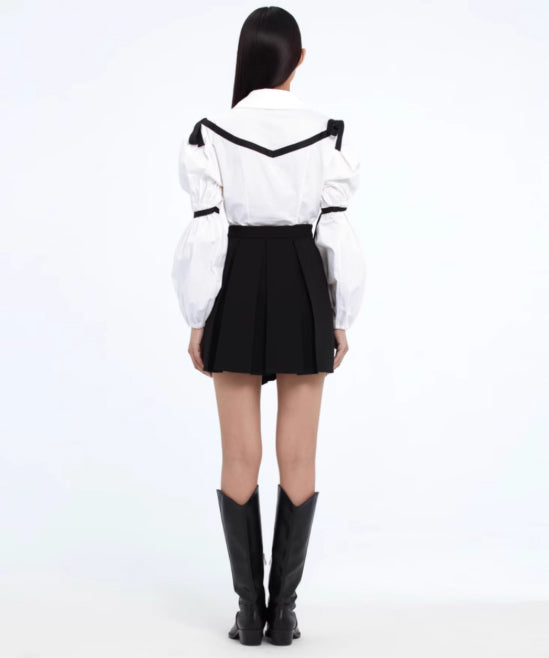 Ribbon Trim Puff Sleeve Blouse
