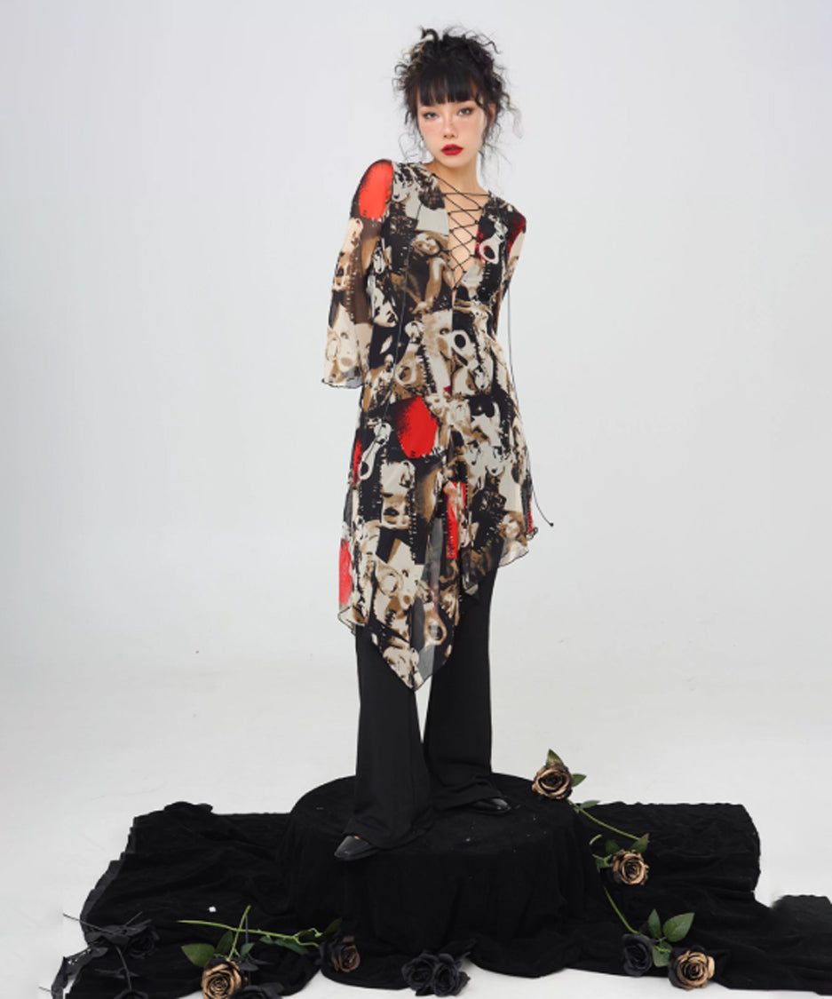 Photo Print Lace-up Dress