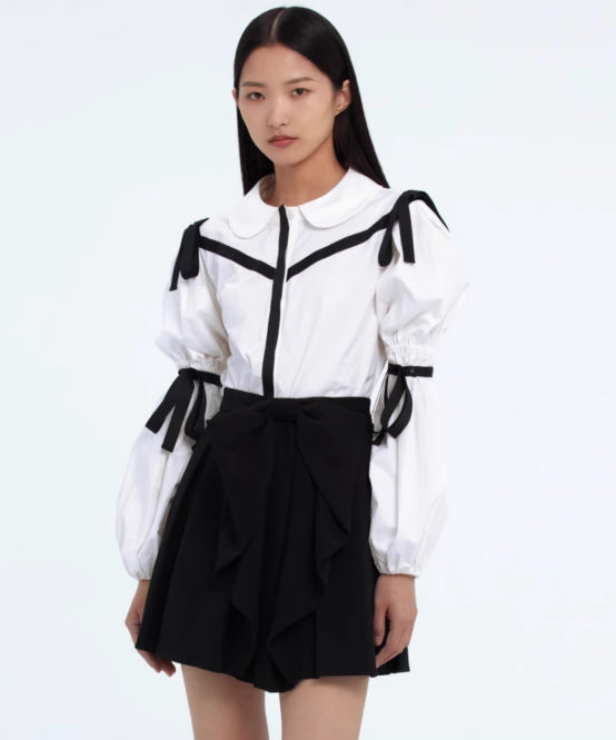 Ribbon Trim Puff Sleeve Blouse