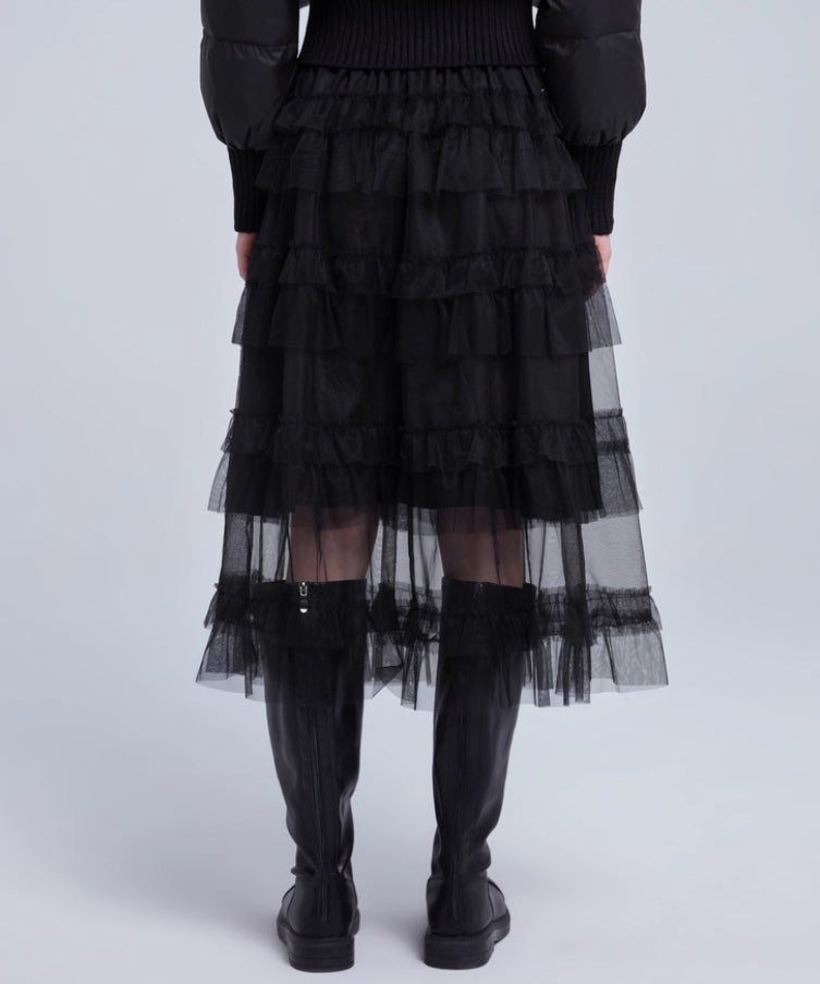 Tiered Mesh Midi Skirt