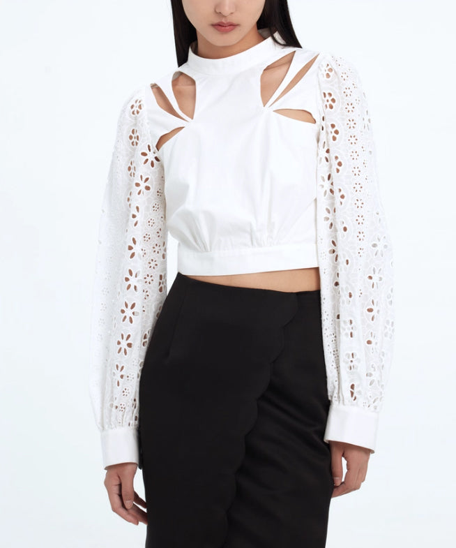 Cut Out Lace Sleeve Blouse