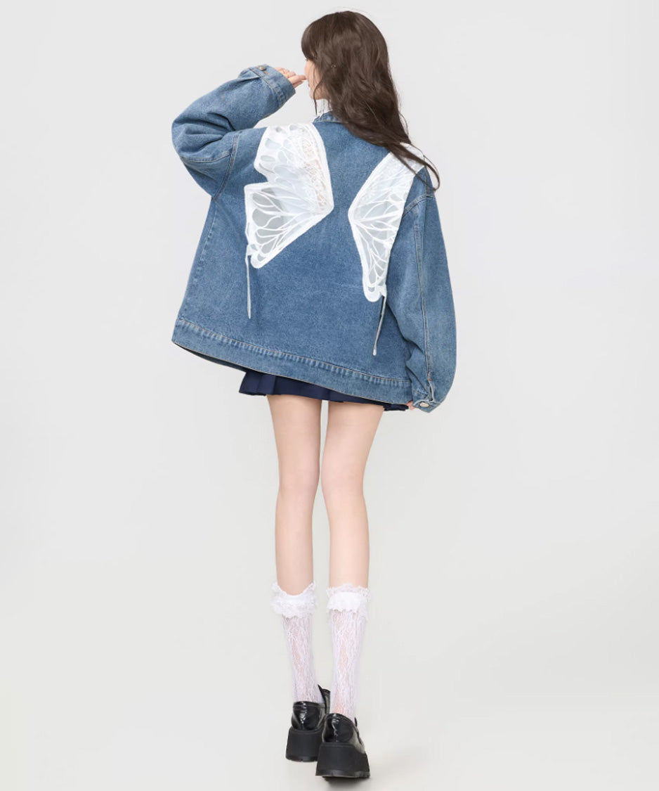 Lace Collar Butterfly Denim Jacket