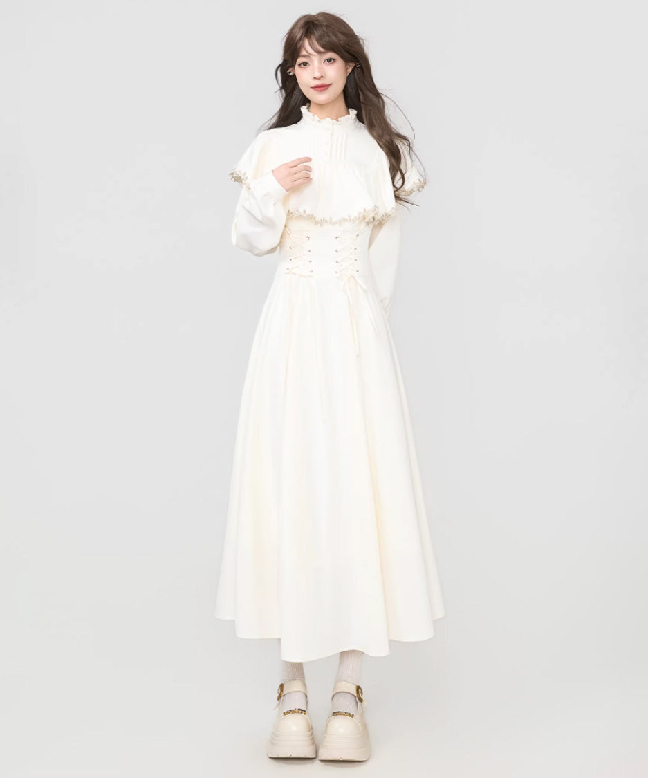 Lace Trim Cape Corset Long Dress