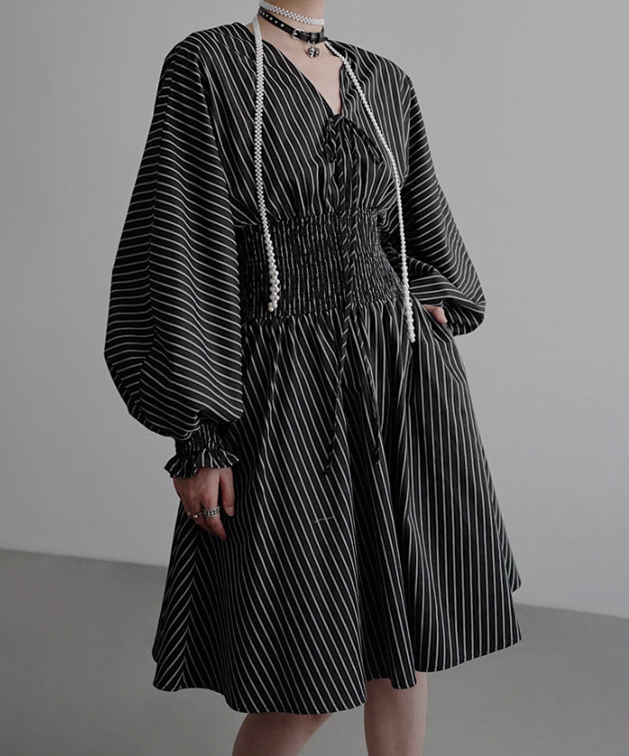 Pinstripe Puff Sleeve Dress