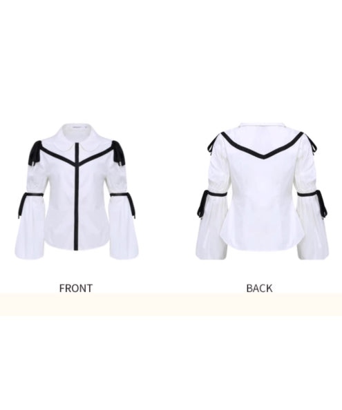 Ribbon Trim Puff Sleeve Blouse