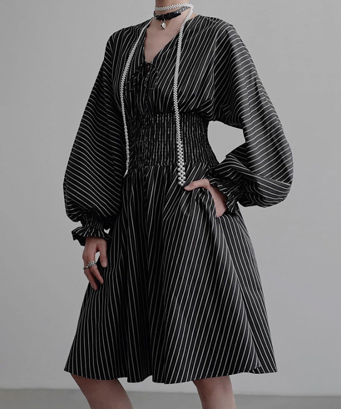 Pinstripe Puff Sleeve Dress
