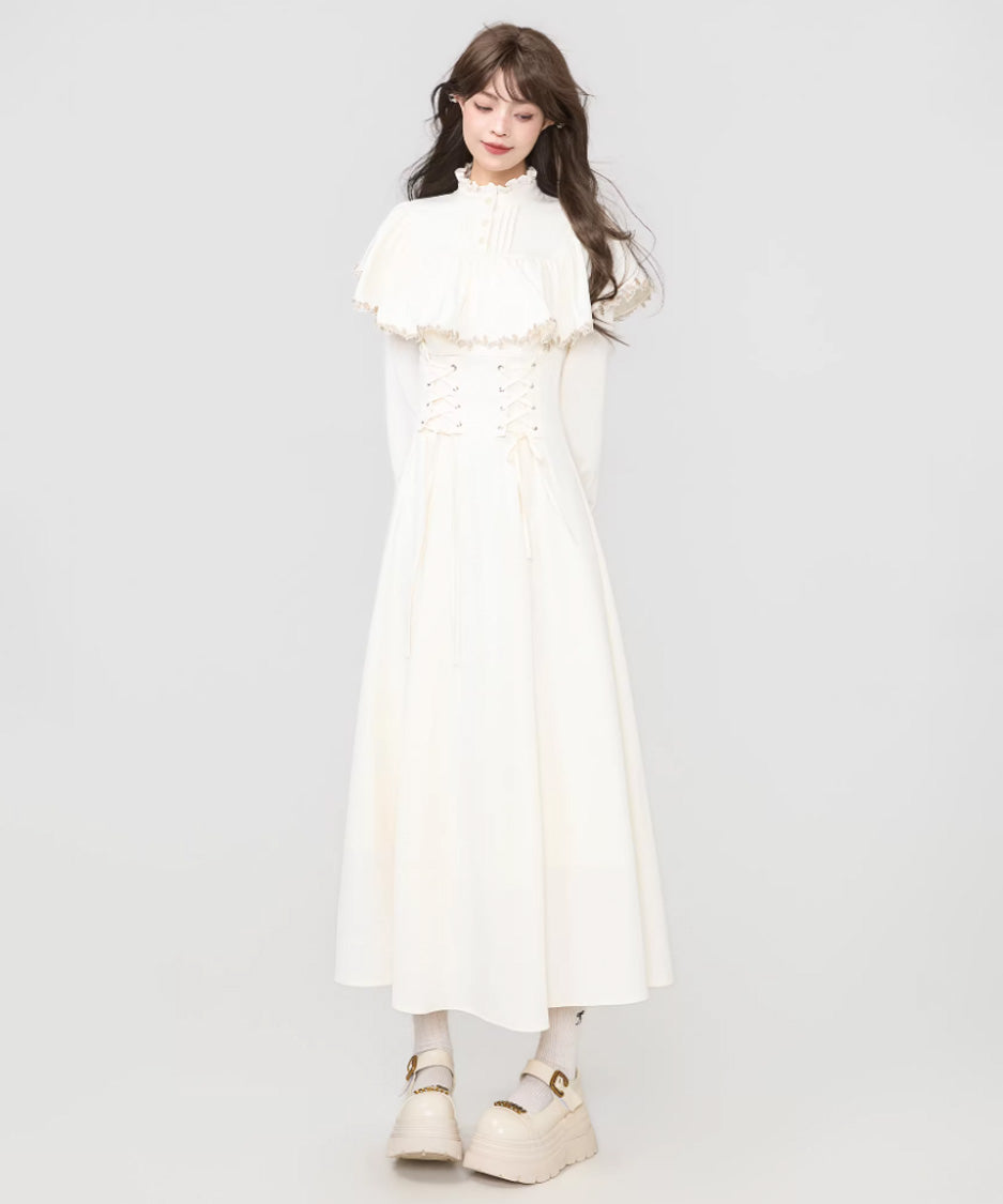 Lace Trim Cape Corset Long Dress