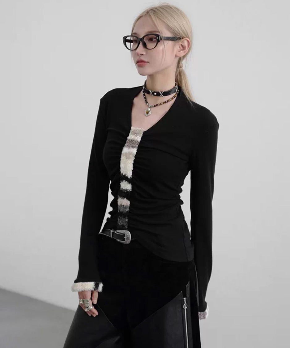 Fur Trim Gather Line Top