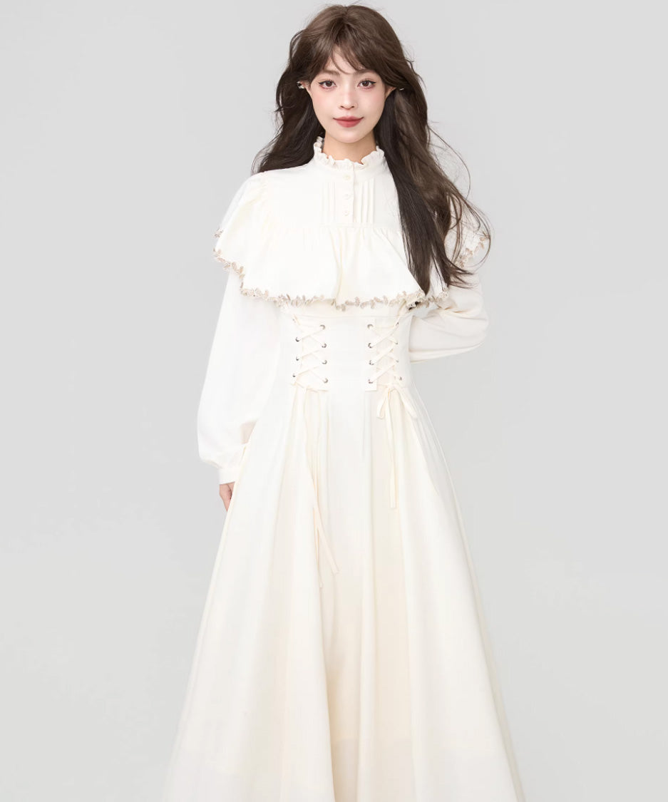 Lace Trim Cape Corset Long Dress