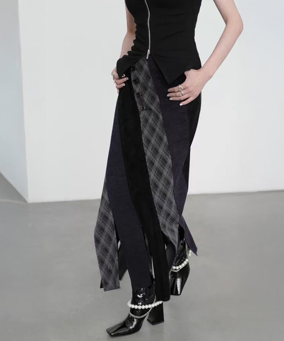 Diagonal Panel Layered Long Skirt