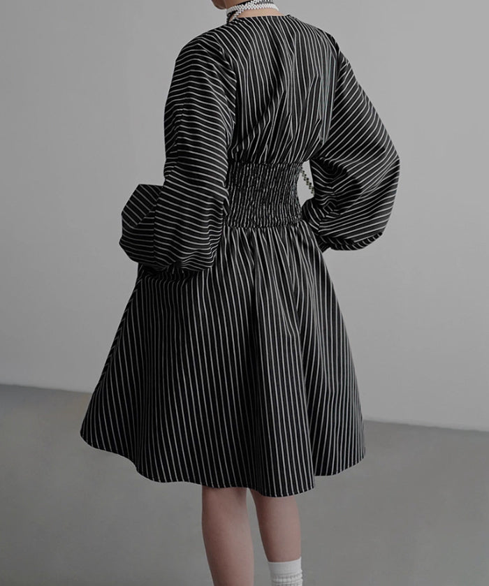Pinstripe Puff Sleeve Dress