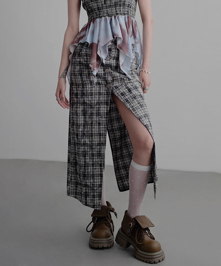 Vintage Check Slit Skirt
