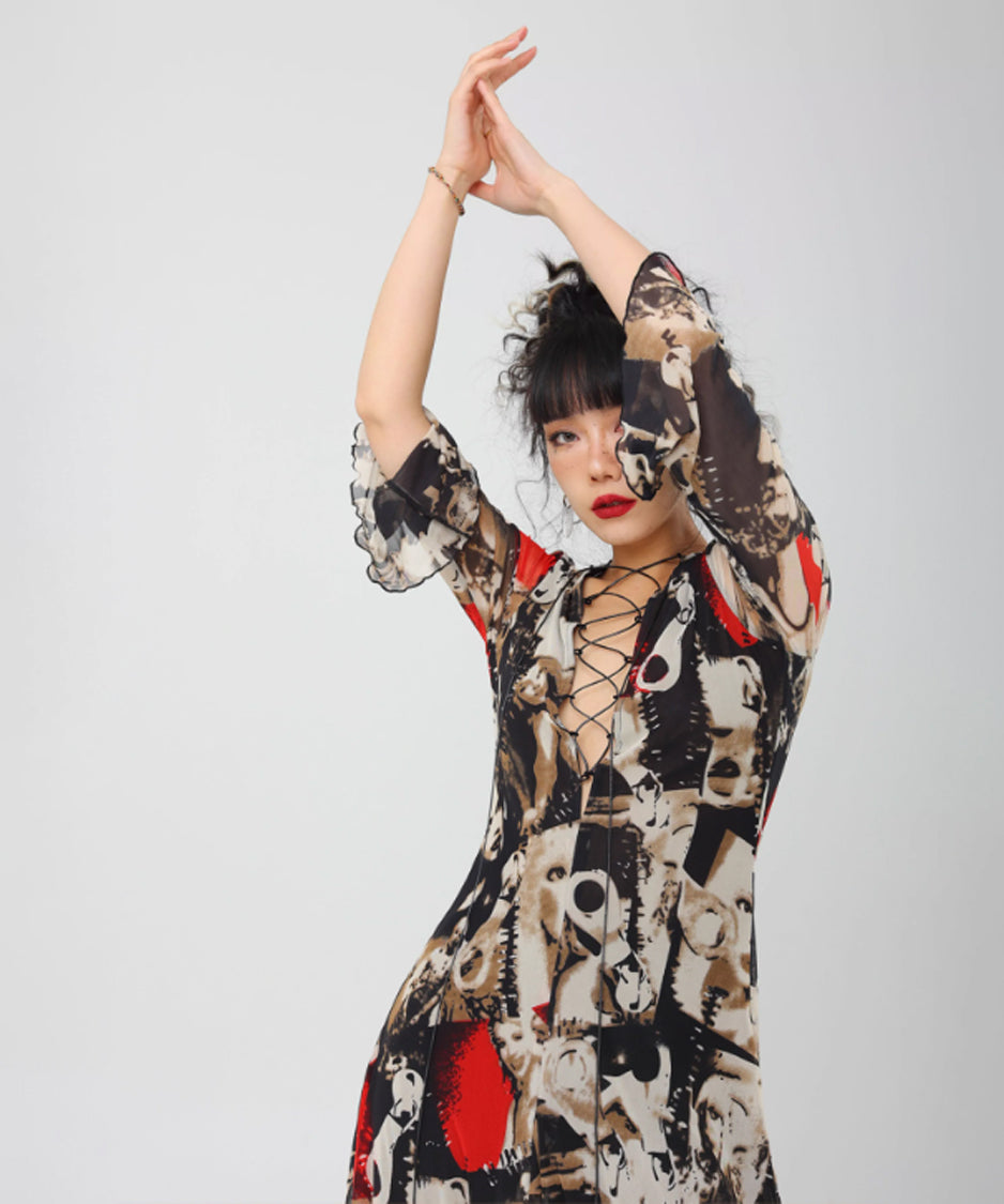 Photo Print Lace-up Dress