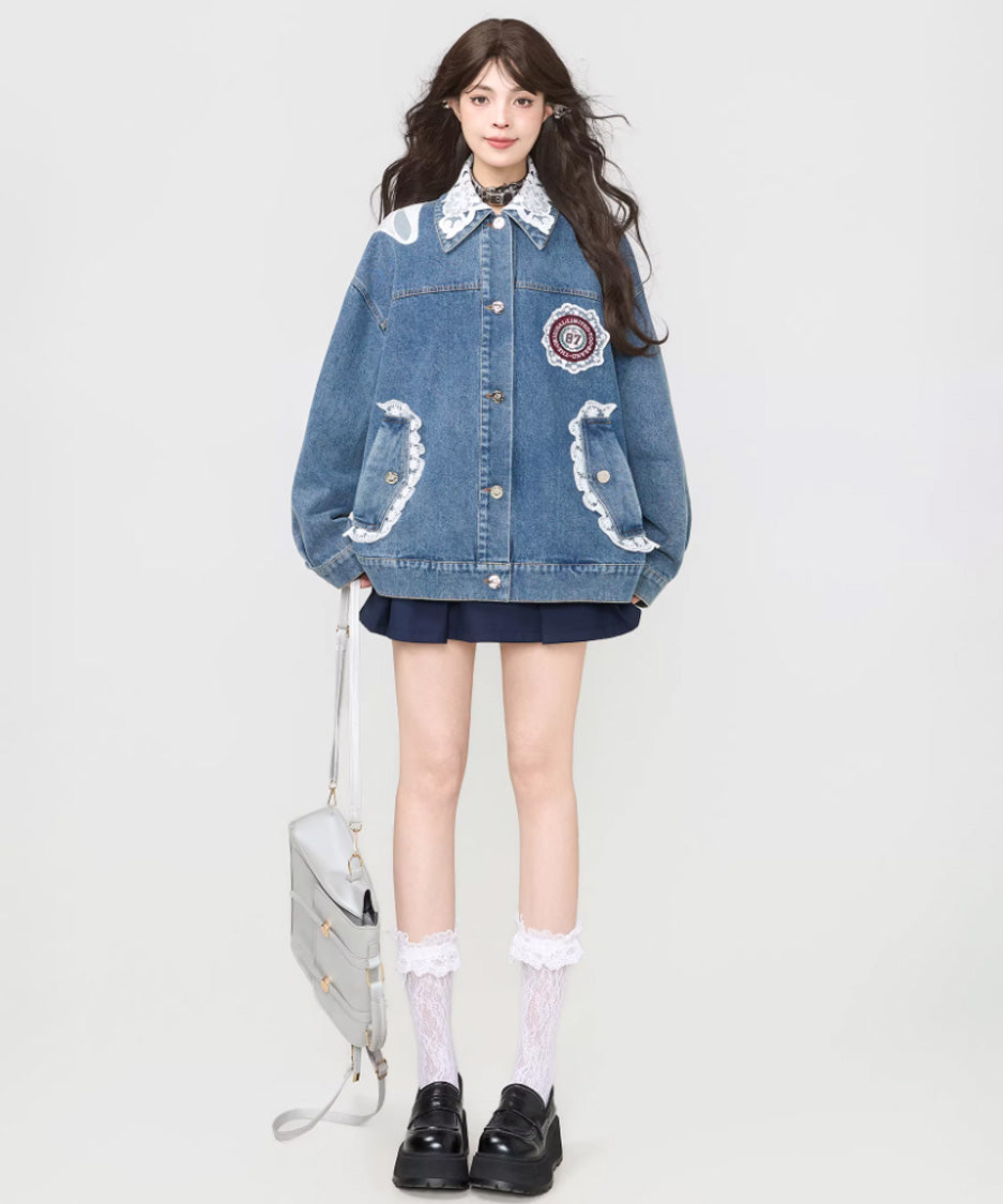 Lace Collar Butterfly Denim Jacket