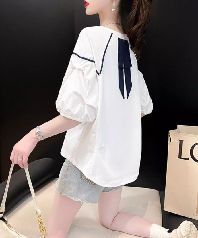 Back Ribbon Puff Sleeve Top