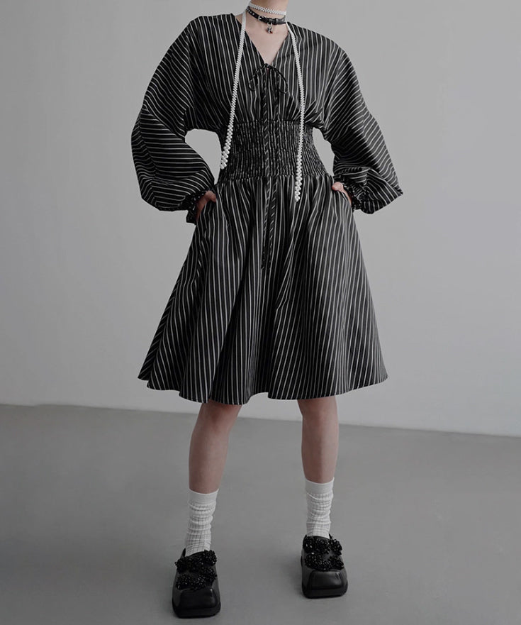 Pinstripe Puff Sleeve Dress