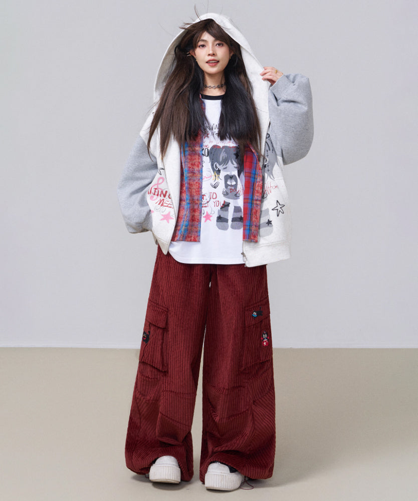 Corduroy Cat Embroidery Cargo Pants