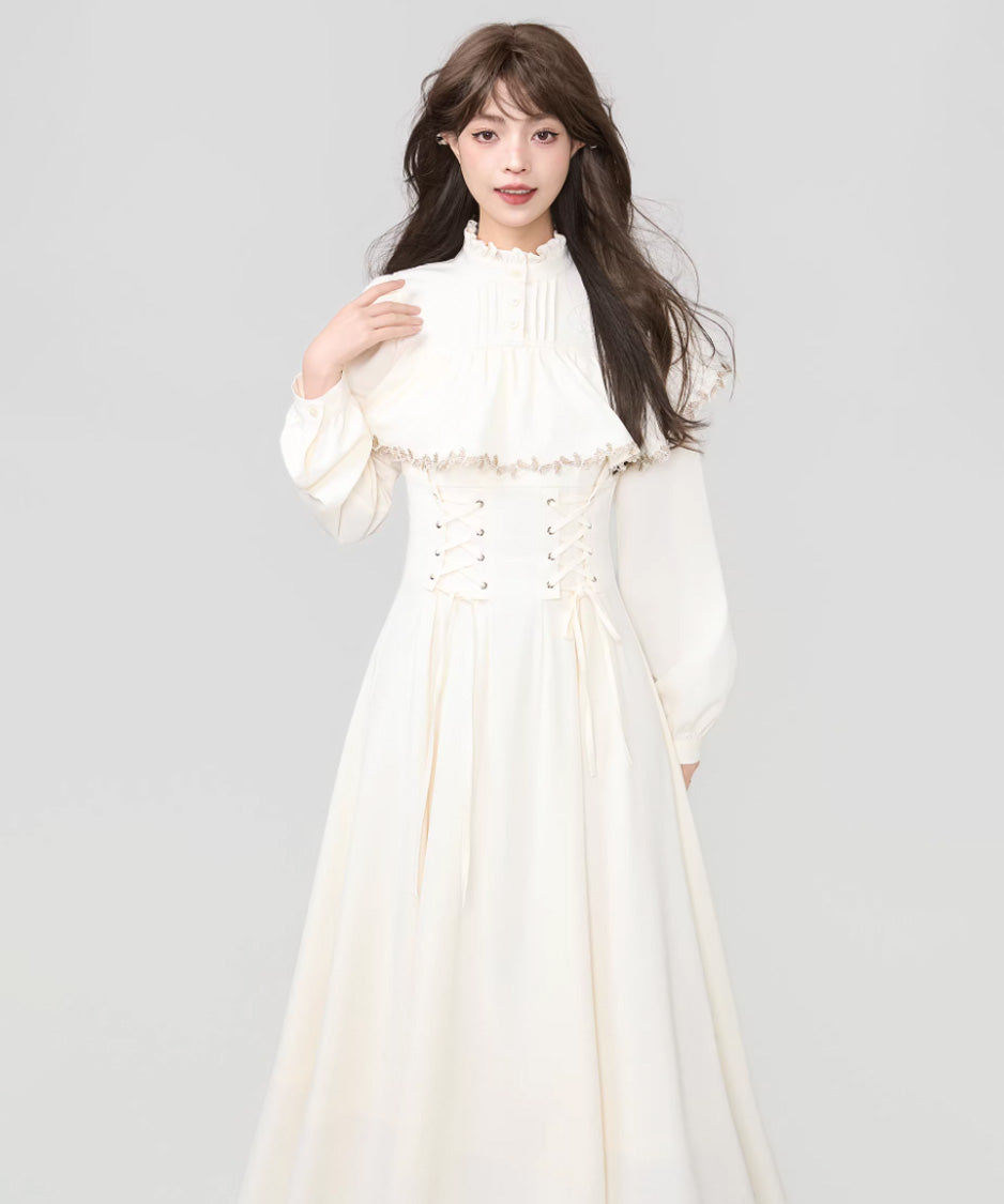 Lace Trim Cape Corset Long Dress