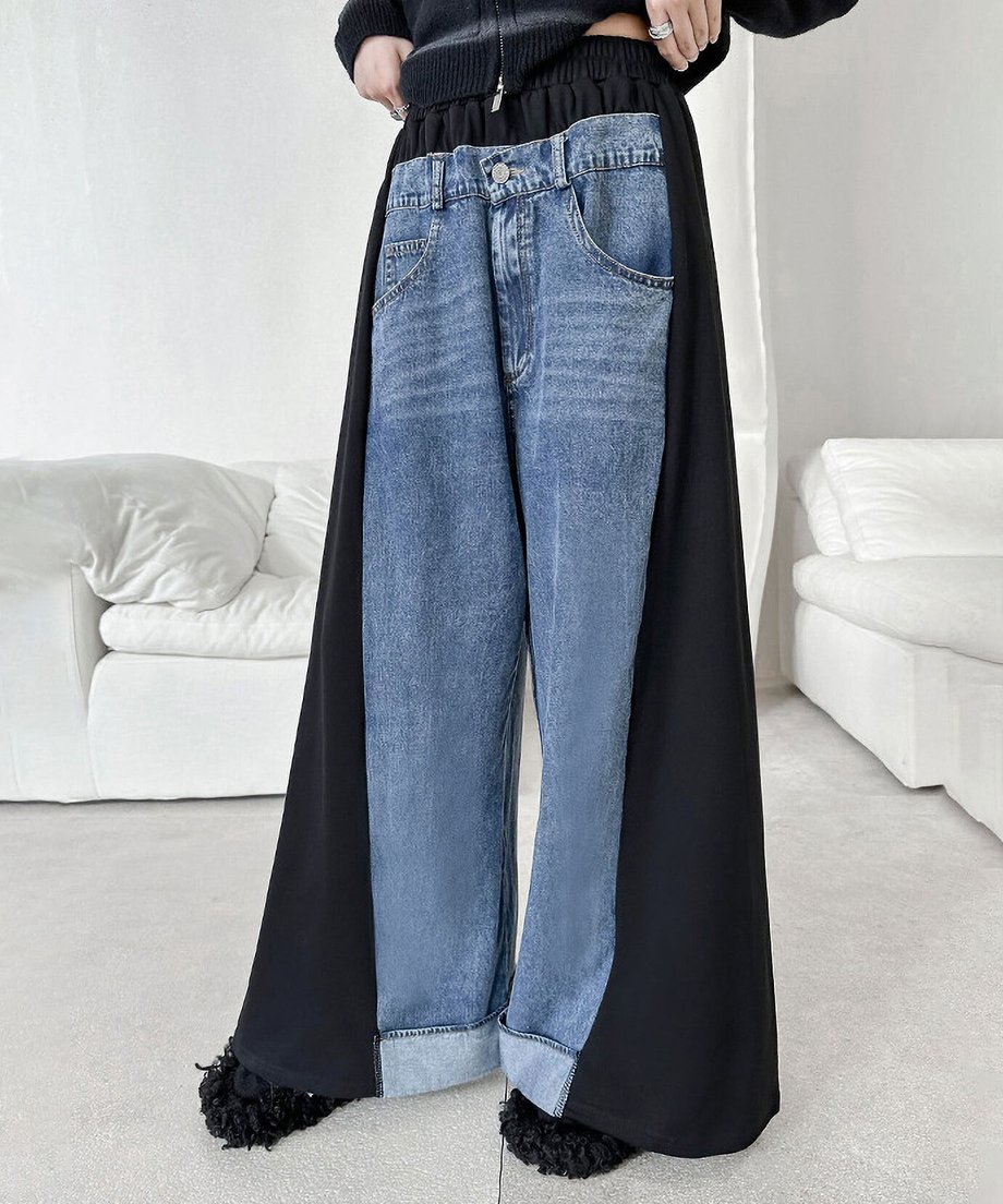 Layered Wide Panel Denim Pants